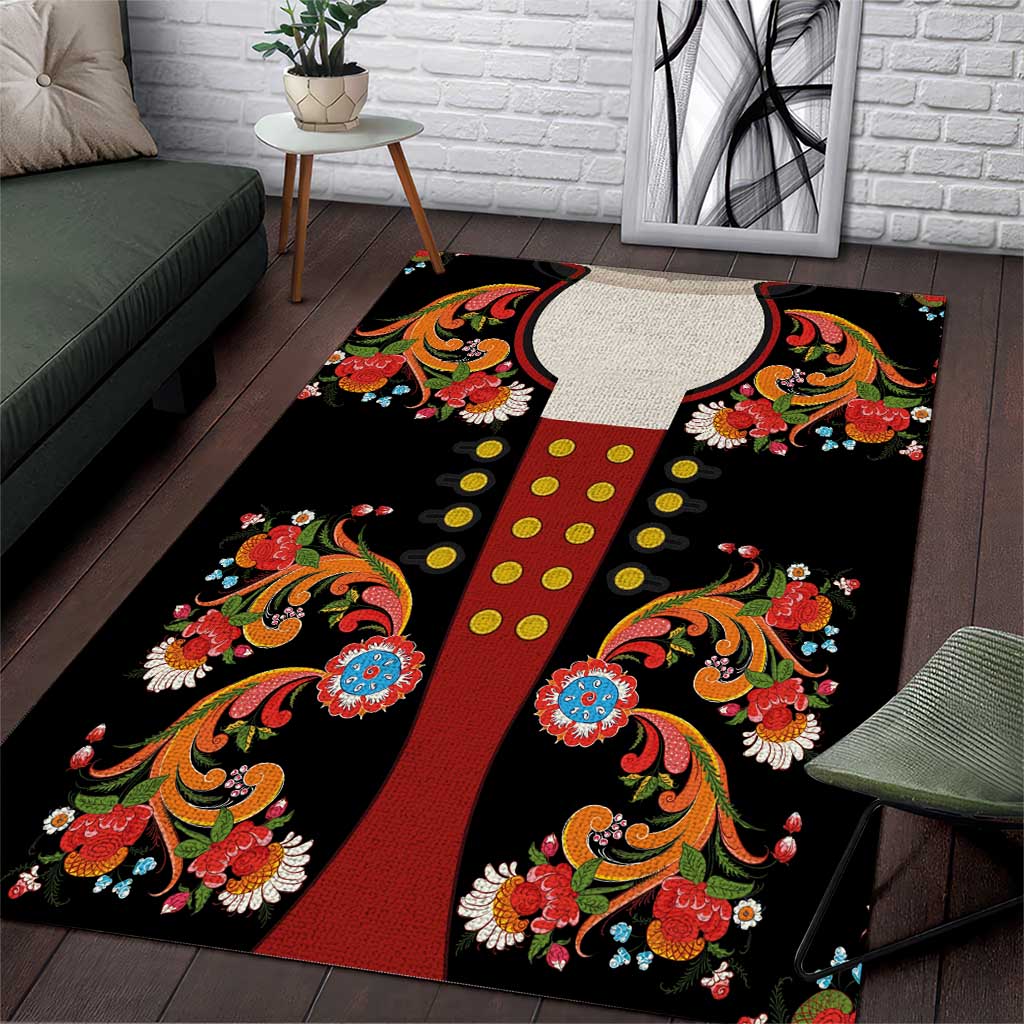Norwegian Male Bunad Area Rug with Rosemaling Folk Art Black Color - Wonder Print Shop