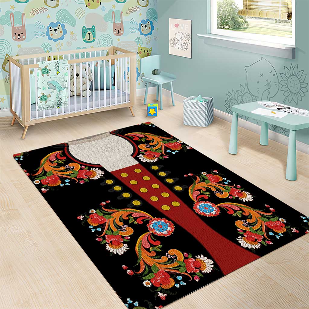 Norwegian Male Bunad Area Rug with Rosemaling Folk Art Black Color - Wonder Print Shop