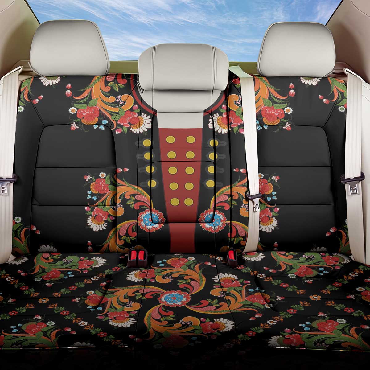 Norwegian Male Bunad Back Car Seat Cover with Rosemaling Folk Art Black Color - Wonder Print Shop