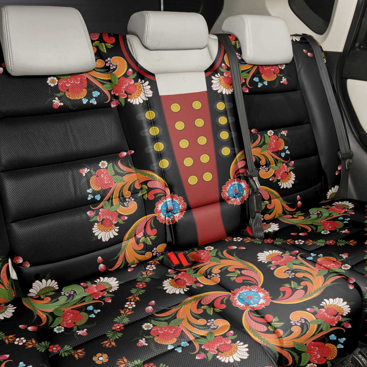 Norwegian Male Bunad Back Car Seat Cover with Rosemaling Folk Art Black Color - Wonder Print Shop