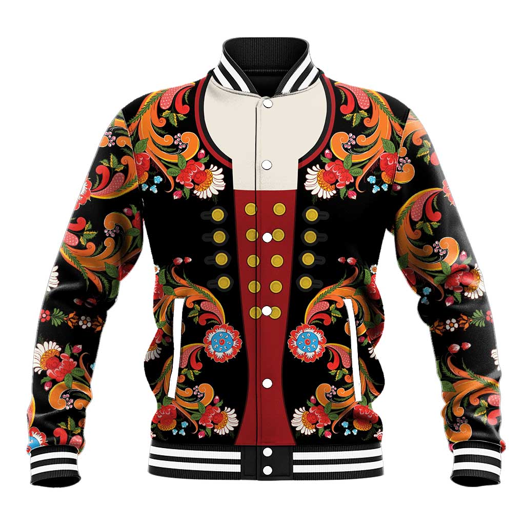 Norwegian Male Bunad Baseball Jacket with Rosemaling Folk Art Black Color - Wonder Print Shop