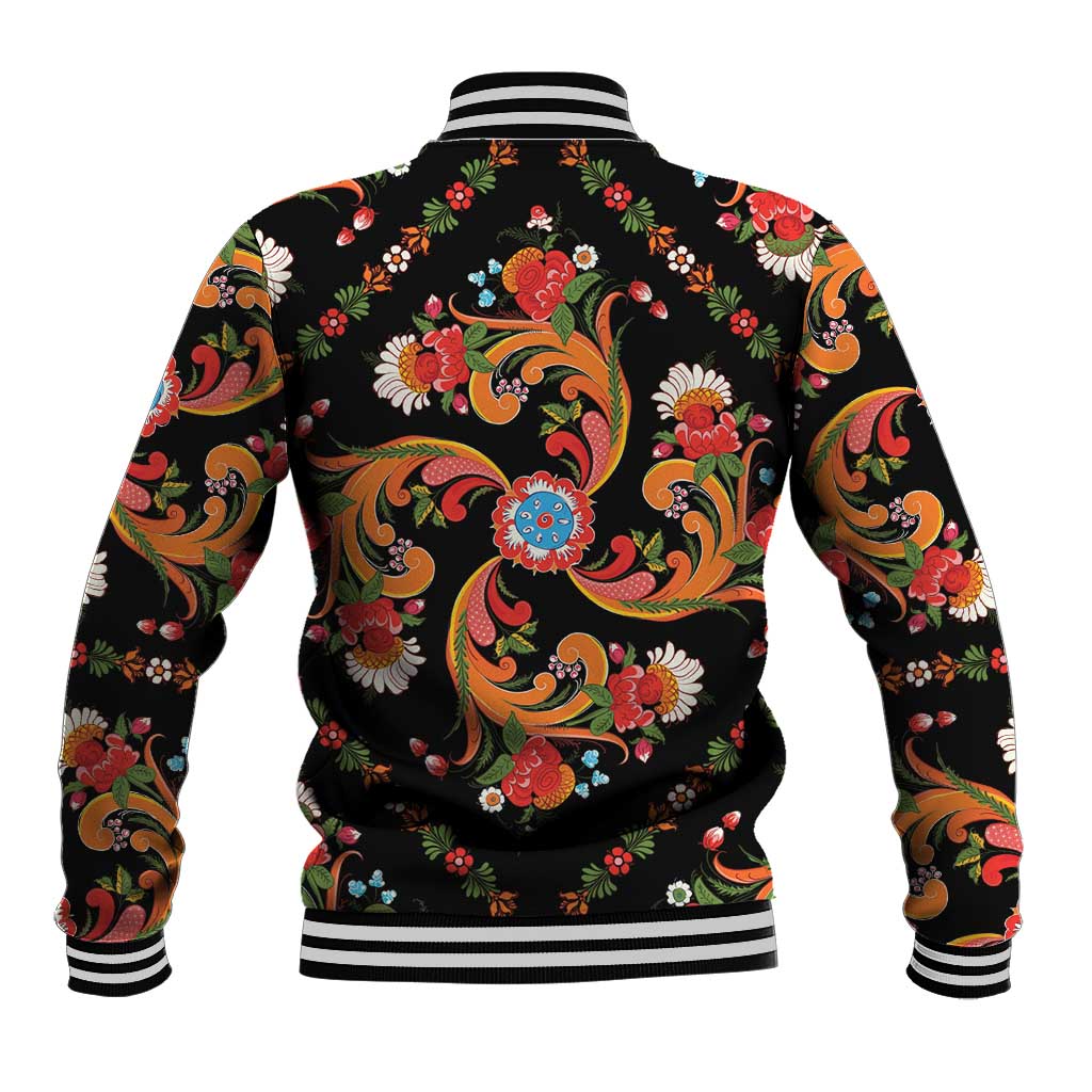 Norwegian Male Bunad Baseball Jacket with Rosemaling Folk Art Black Color - Wonder Print Shop