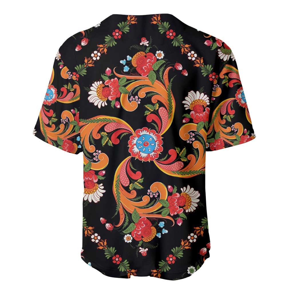 Norwegian Male Bunad Baseball Jersey with Rosemaling Folk Art Black Color - Wonder Print Shop
