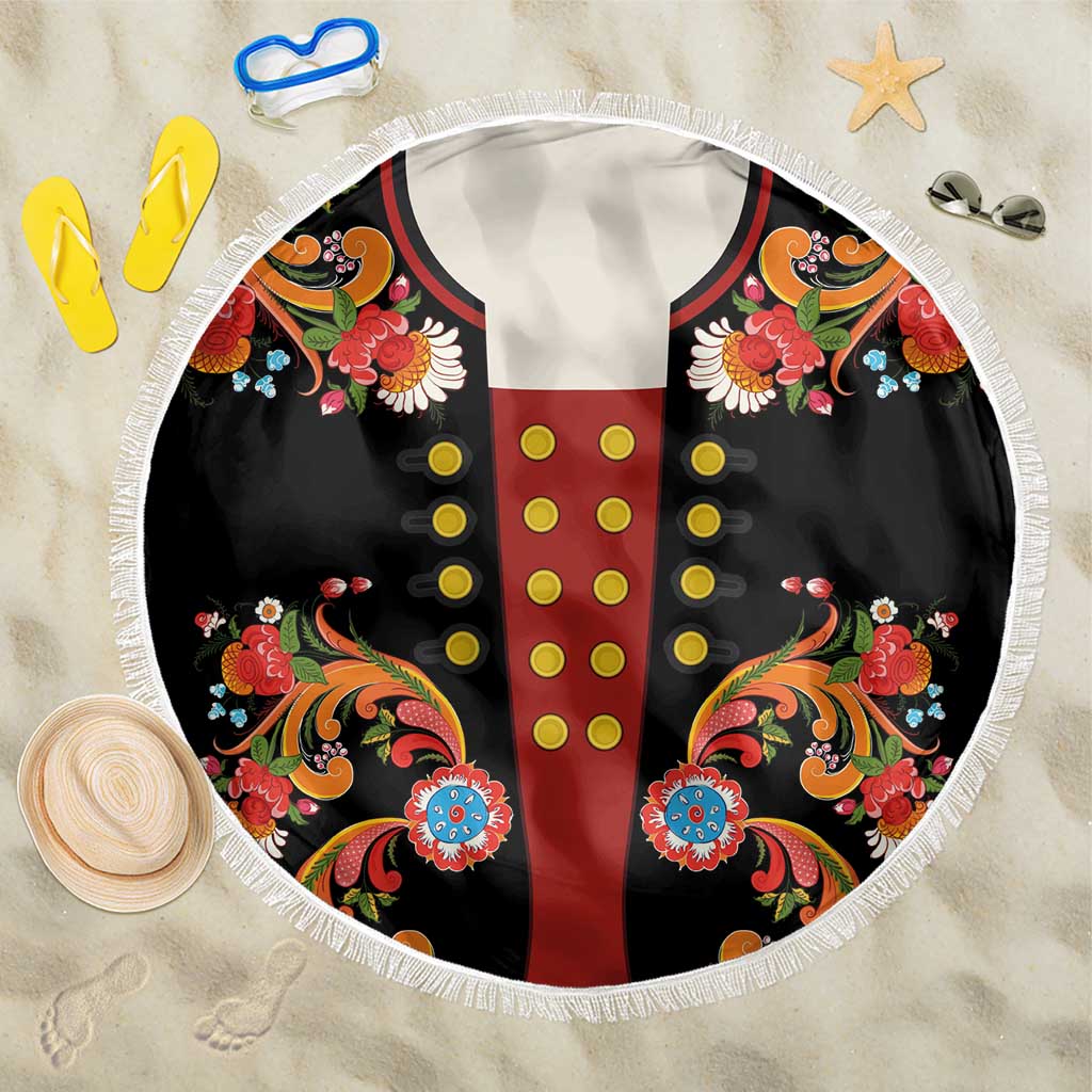 Norwegian Male Bunad Beach Blanket with Rosemaling Folk Art Black Color - Wonder Print Shop