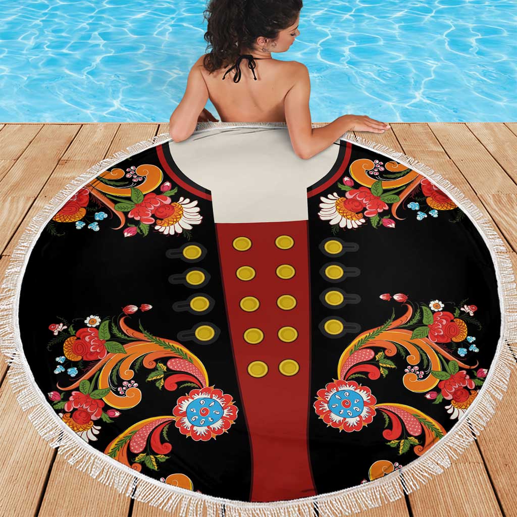 Norwegian Male Bunad Beach Blanket with Rosemaling Folk Art Black Color - Wonder Print Shop