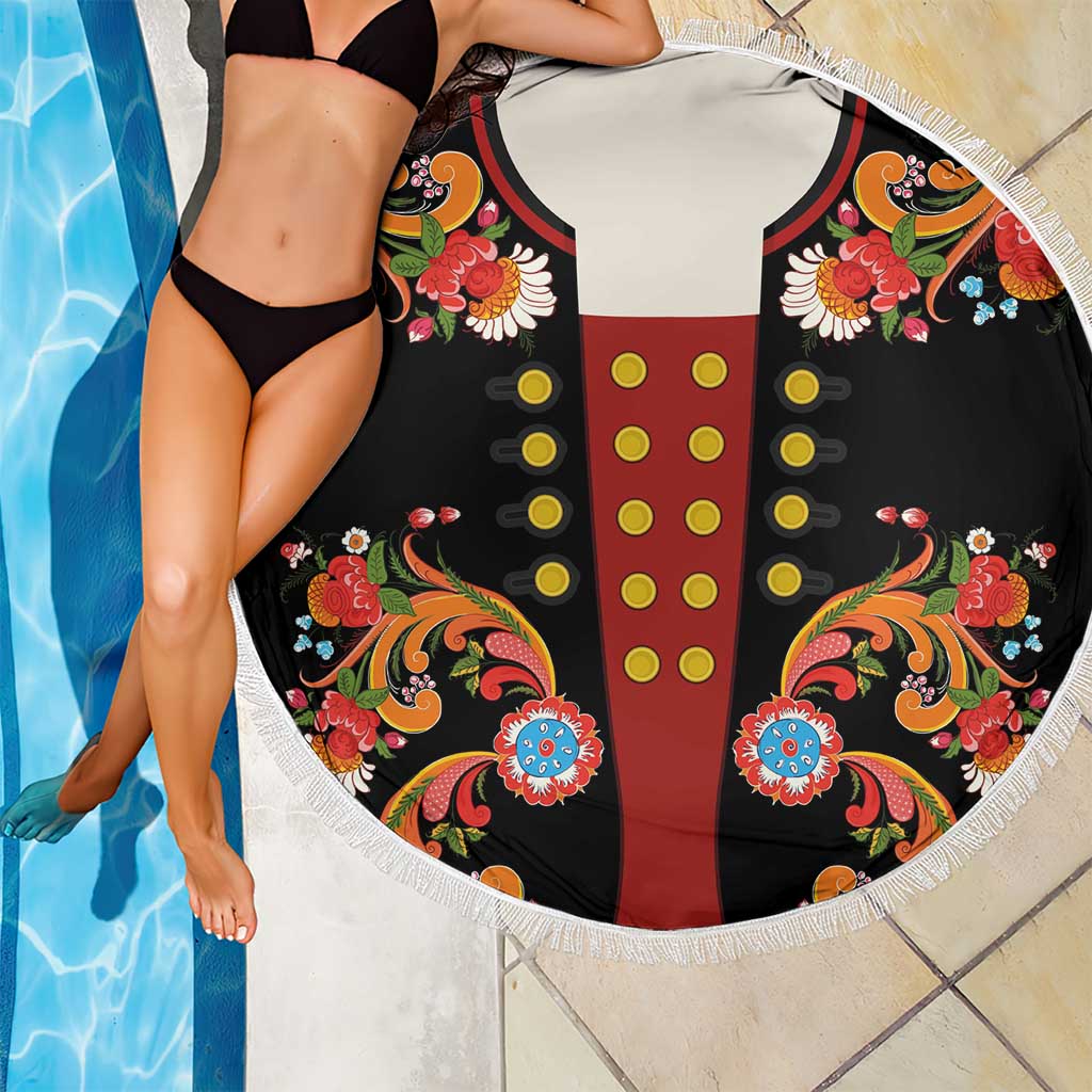 Norwegian Male Bunad Beach Blanket with Rosemaling Folk Art Black Color - Wonder Print Shop
