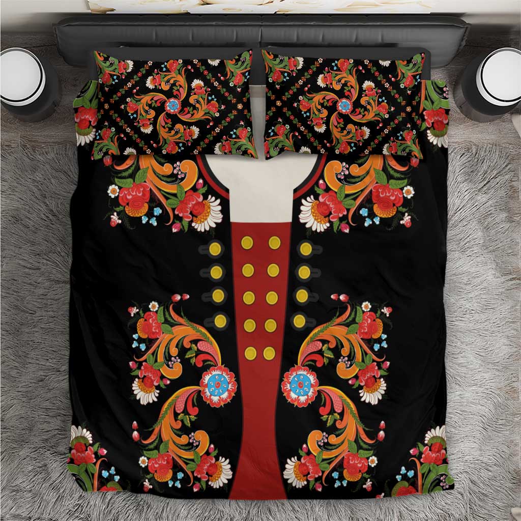 Norwegian Male Bunad Bedding Set with Rosemaling Folk Art Black Color - Wonder Print Shop