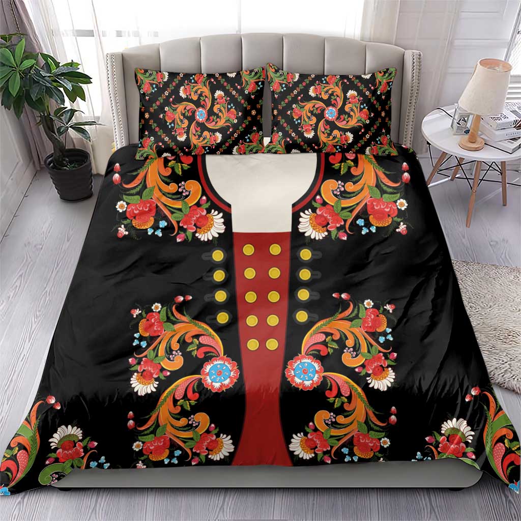 Norwegian Male Bunad Bedding Set with Rosemaling Folk Art Black Color - Wonder Print Shop