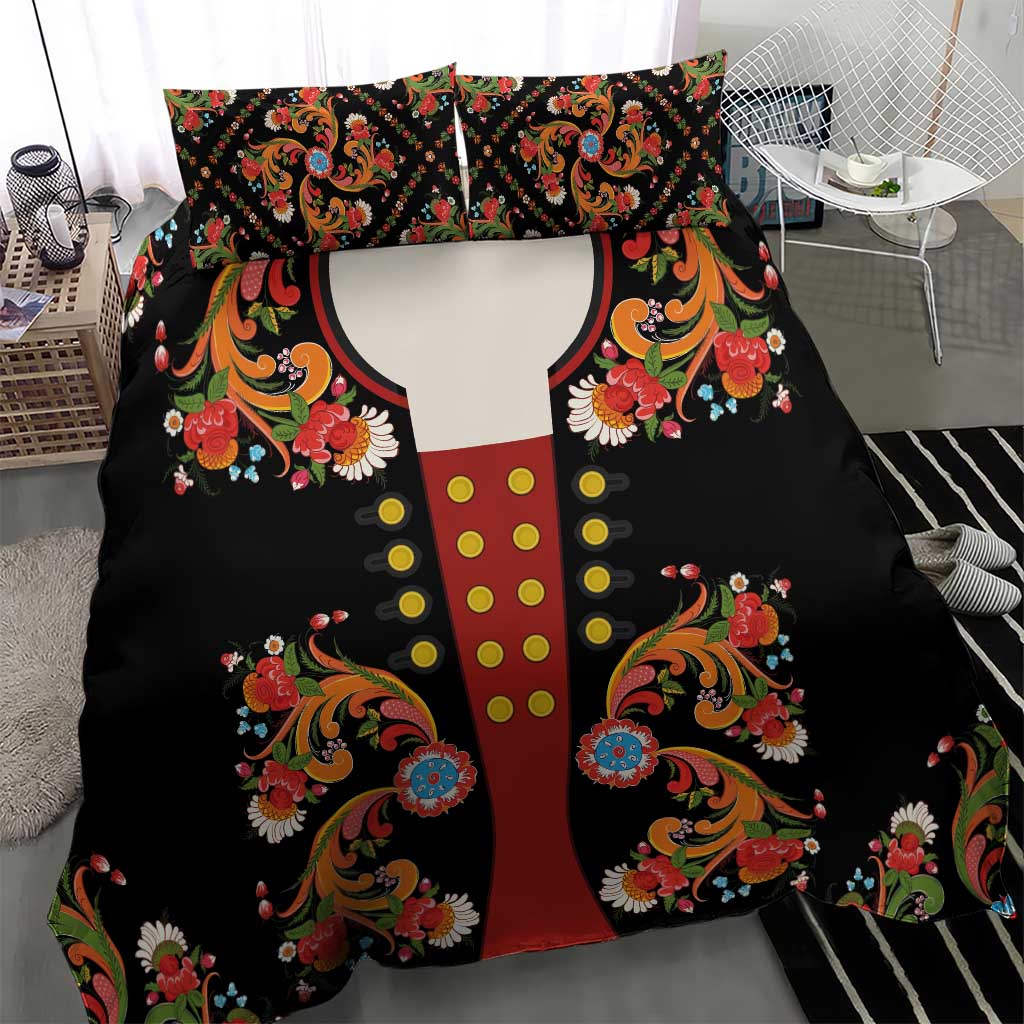 Norwegian Male Bunad Bedding Set with Rosemaling Folk Art Black Color - Wonder Print Shop