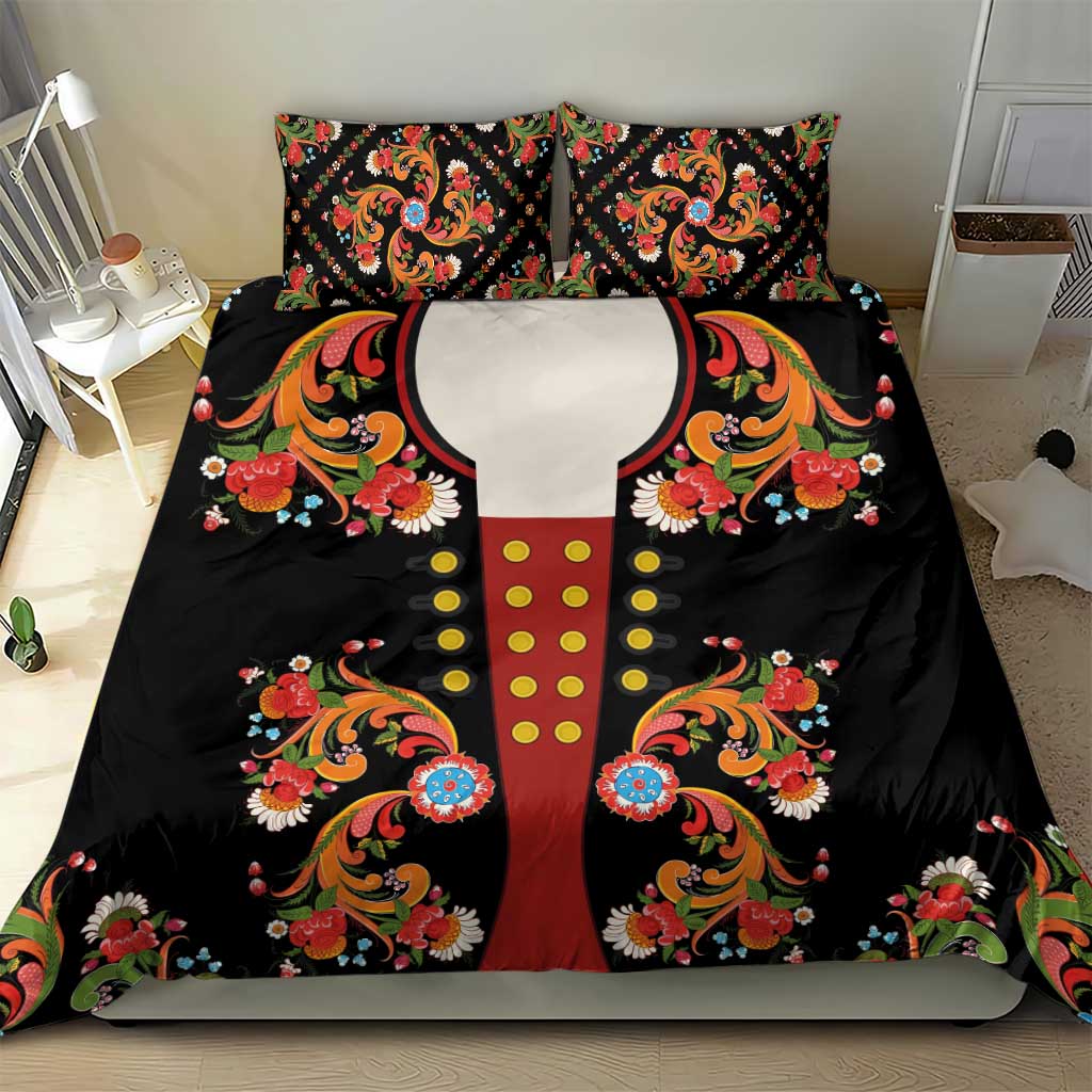 Norwegian Male Bunad Bedding Set with Rosemaling Folk Art Black Color - Wonder Print Shop