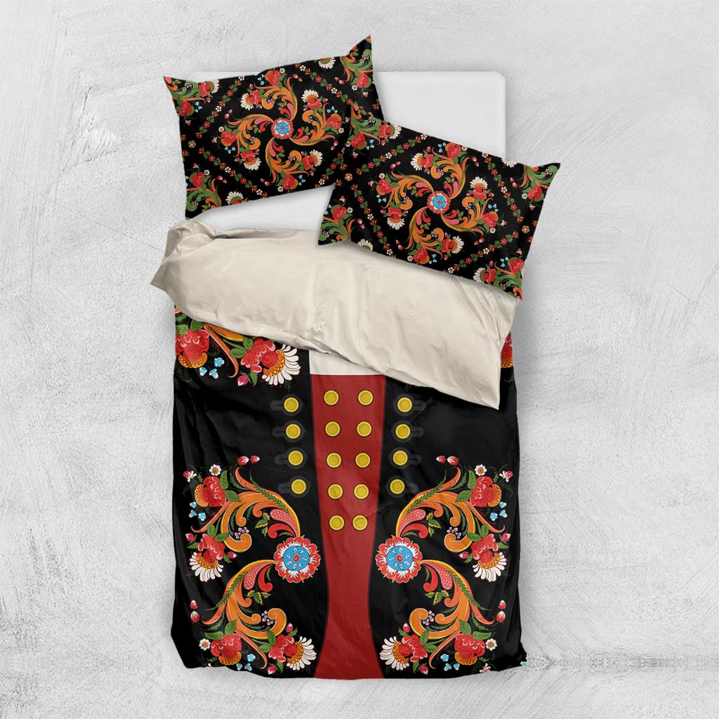 Norwegian Male Bunad Bedding Set with Rosemaling Folk Art Black Color - Wonder Print Shop