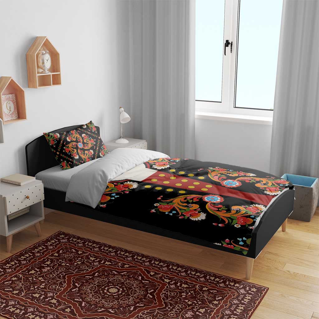 Norwegian Male Bunad Bedding Set with Rosemaling Folk Art Black Color - Wonder Print Shop