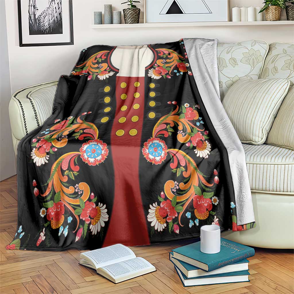 Norwegian Male Bunad Blanket with Rosemaling Folk Art Black Color - Wonder Print Shop