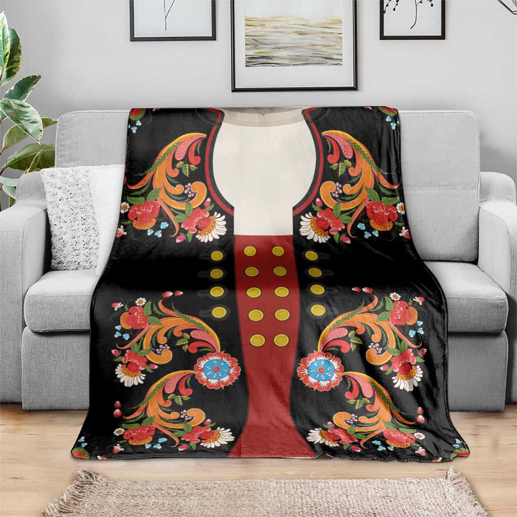 Norwegian Male Bunad Blanket with Rosemaling Folk Art Black Color - Wonder Print Shop