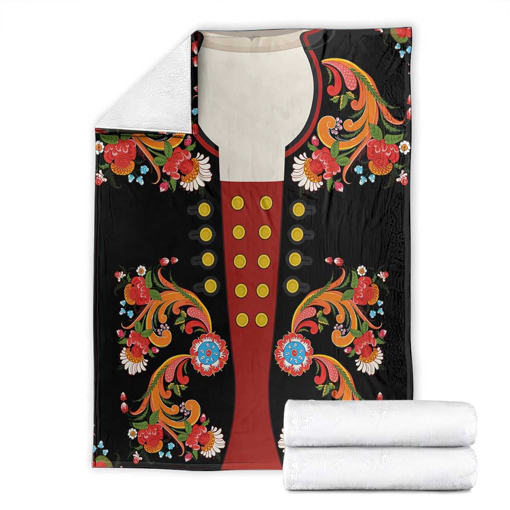 Norwegian Male Bunad Blanket with Rosemaling Folk Art Black Color - Wonder Print Shop