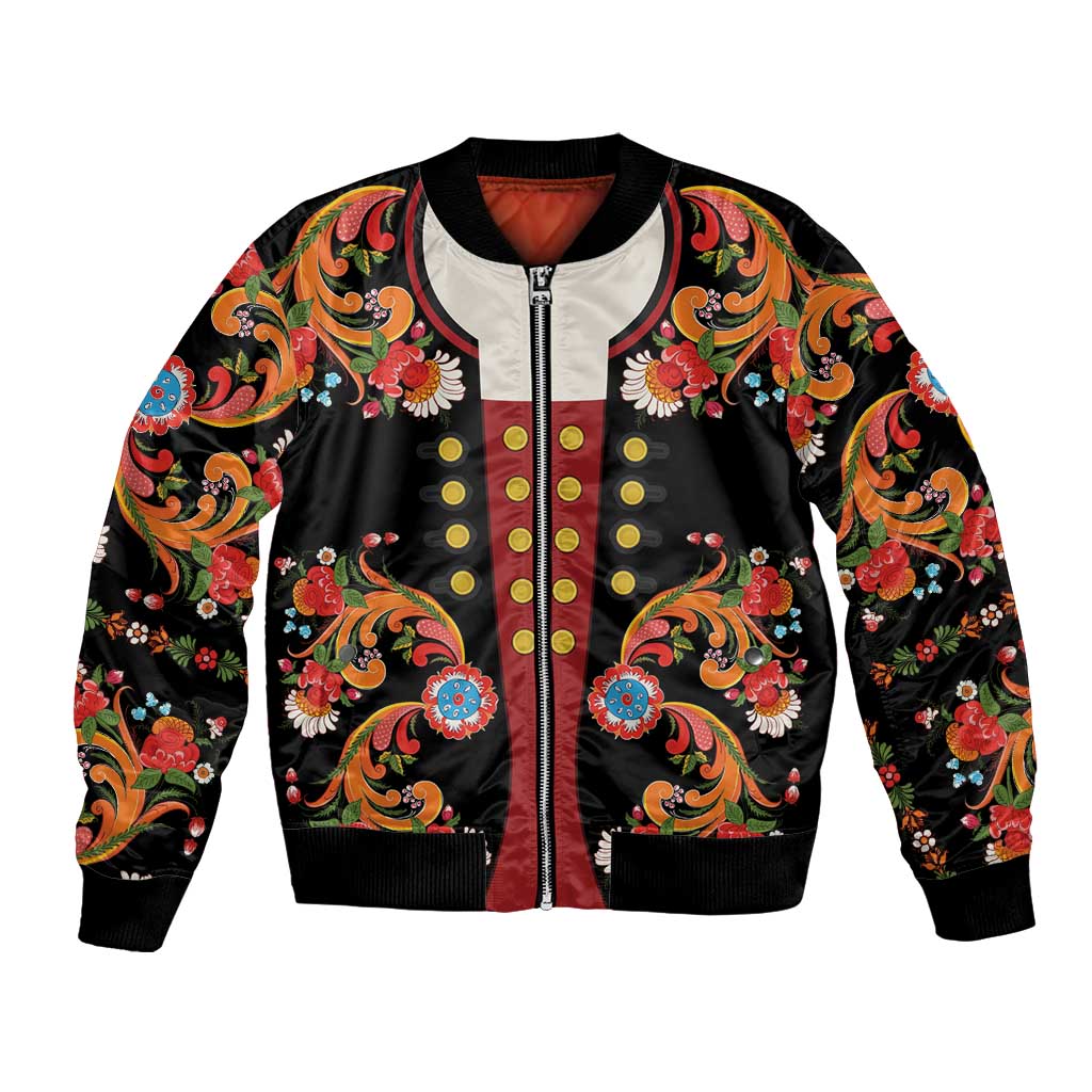 Norwegian Male Bunad Bomber Jacket with Rosemaling Folk Art Black Color - Wonder Print Shop