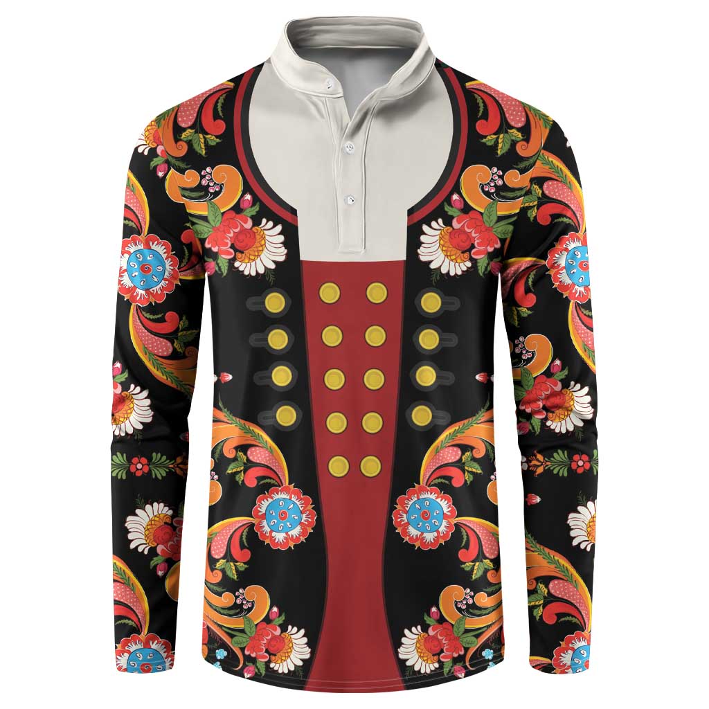 Norwegian Male Bunad Button Sweatshirt with Rosemaling Folk Art Black Color - Wonder Print Shop