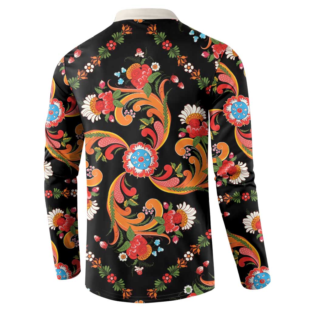 Norwegian Male Bunad Button Sweatshirt with Rosemaling Folk Art Black Color - Wonder Print Shop