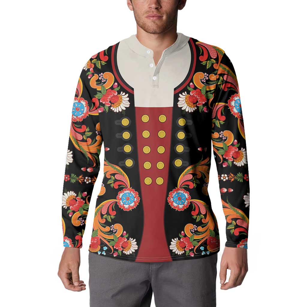 Norwegian Male Bunad Button Sweatshirt with Rosemaling Folk Art Black Color - Wonder Print Shop