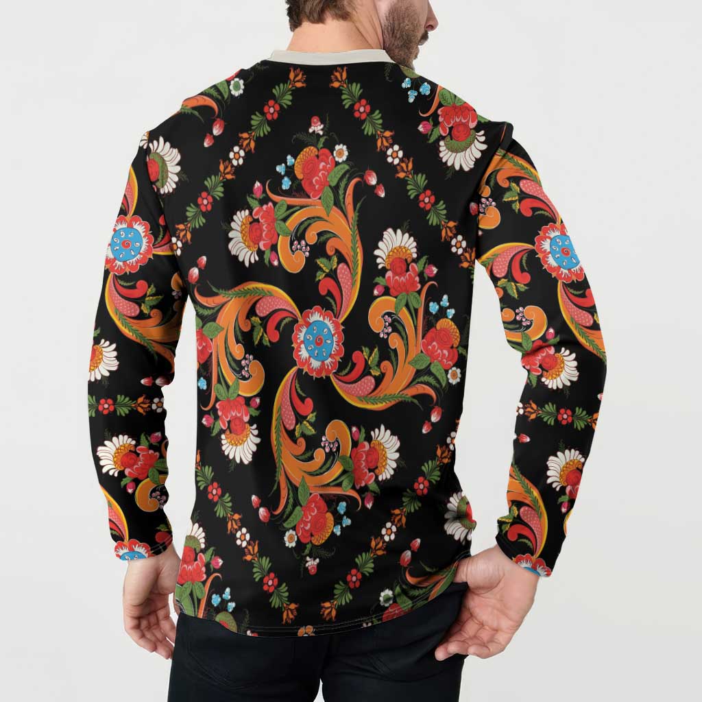 Norwegian Male Bunad Button Sweatshirt with Rosemaling Folk Art Black Color - Wonder Print Shop