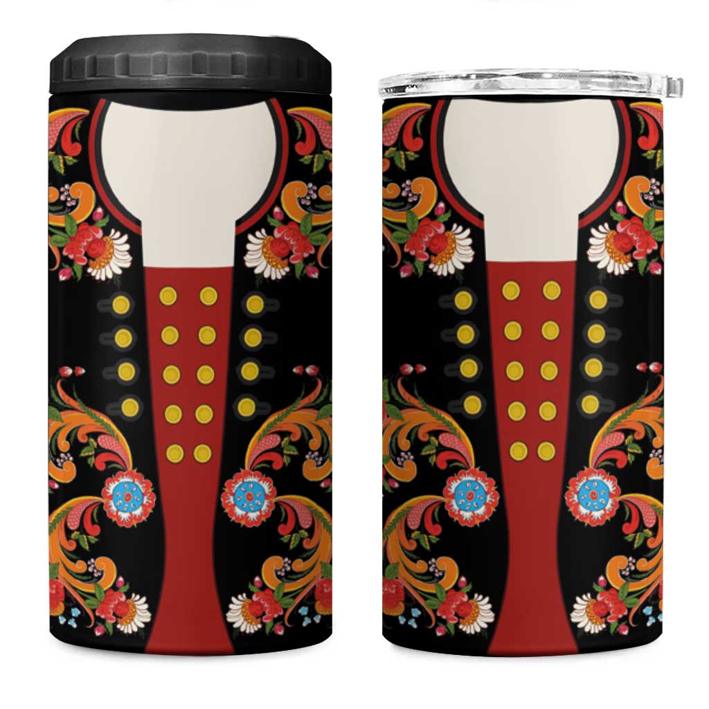 Norwegian Male Bunad 4 in 1 Can Cooler Tumbler with Rosemaling Folk Art Black Color - Wonder Print Shop