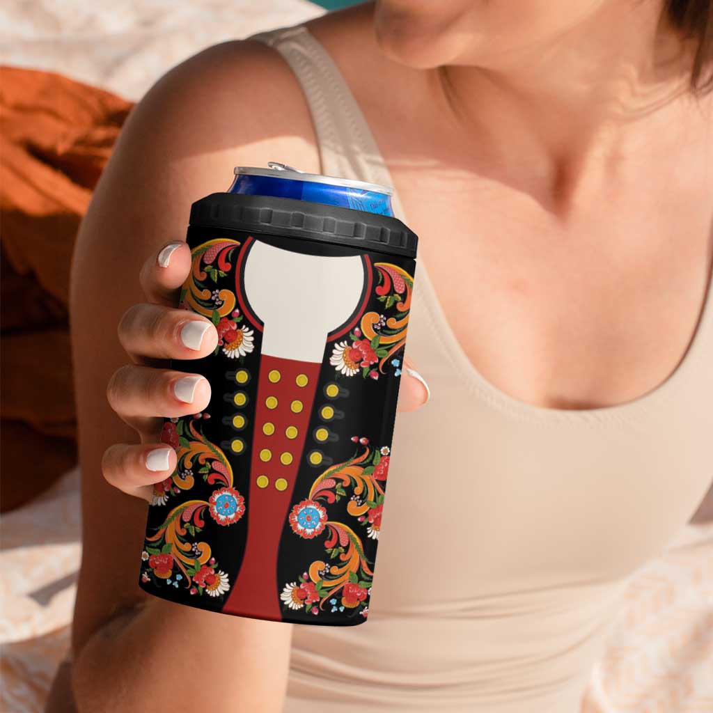 Norwegian Male Bunad 4 in 1 Can Cooler Tumbler with Rosemaling Folk Art Black Color - Wonder Print Shop