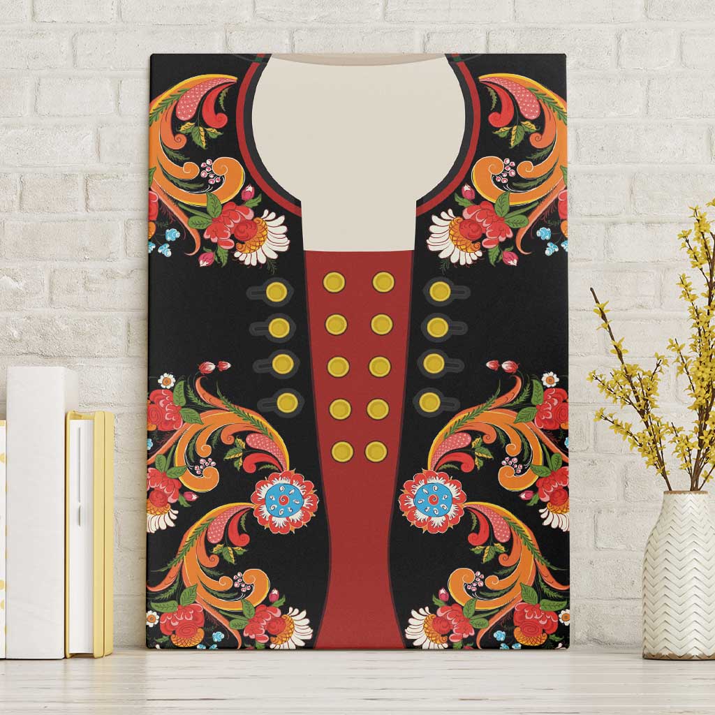 Norwegian Male Bunad Canvas Wall Art with Rosemaling Folk Art Black Color - Wonder Print Shop