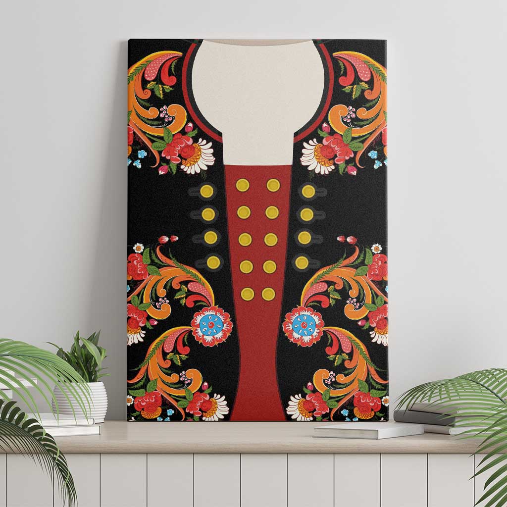 Norwegian Male Bunad Canvas Wall Art with Rosemaling Folk Art Black Color - Wonder Print Shop