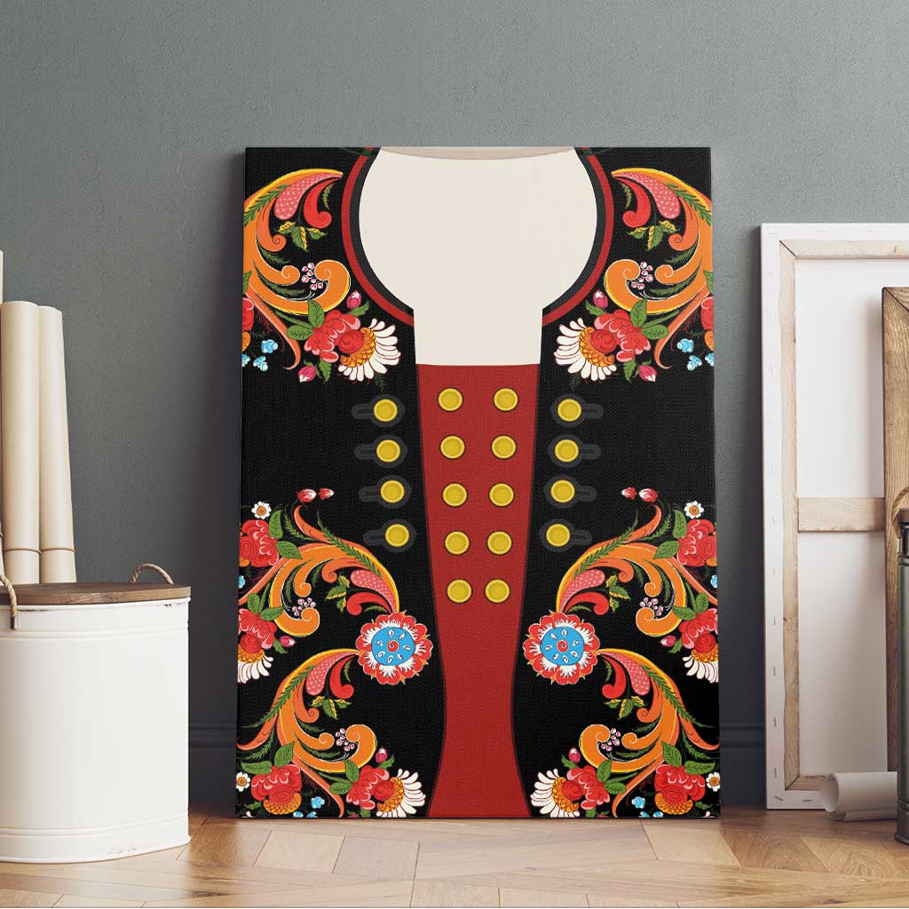 Norwegian Male Bunad Canvas Wall Art with Rosemaling Folk Art Black Color - Wonder Print Shop