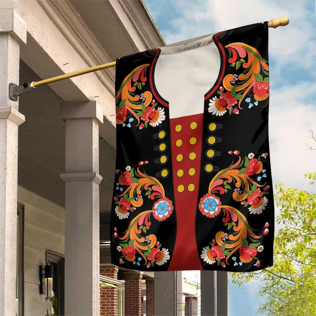Norwegian Male Bunad Garden Flag with Rosemaling Folk Art Black Color - Wonder Print Shop