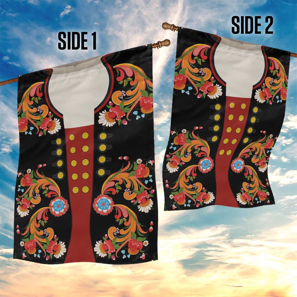 Norwegian Male Bunad Garden Flag with Rosemaling Folk Art Black Color - Wonder Print Shop