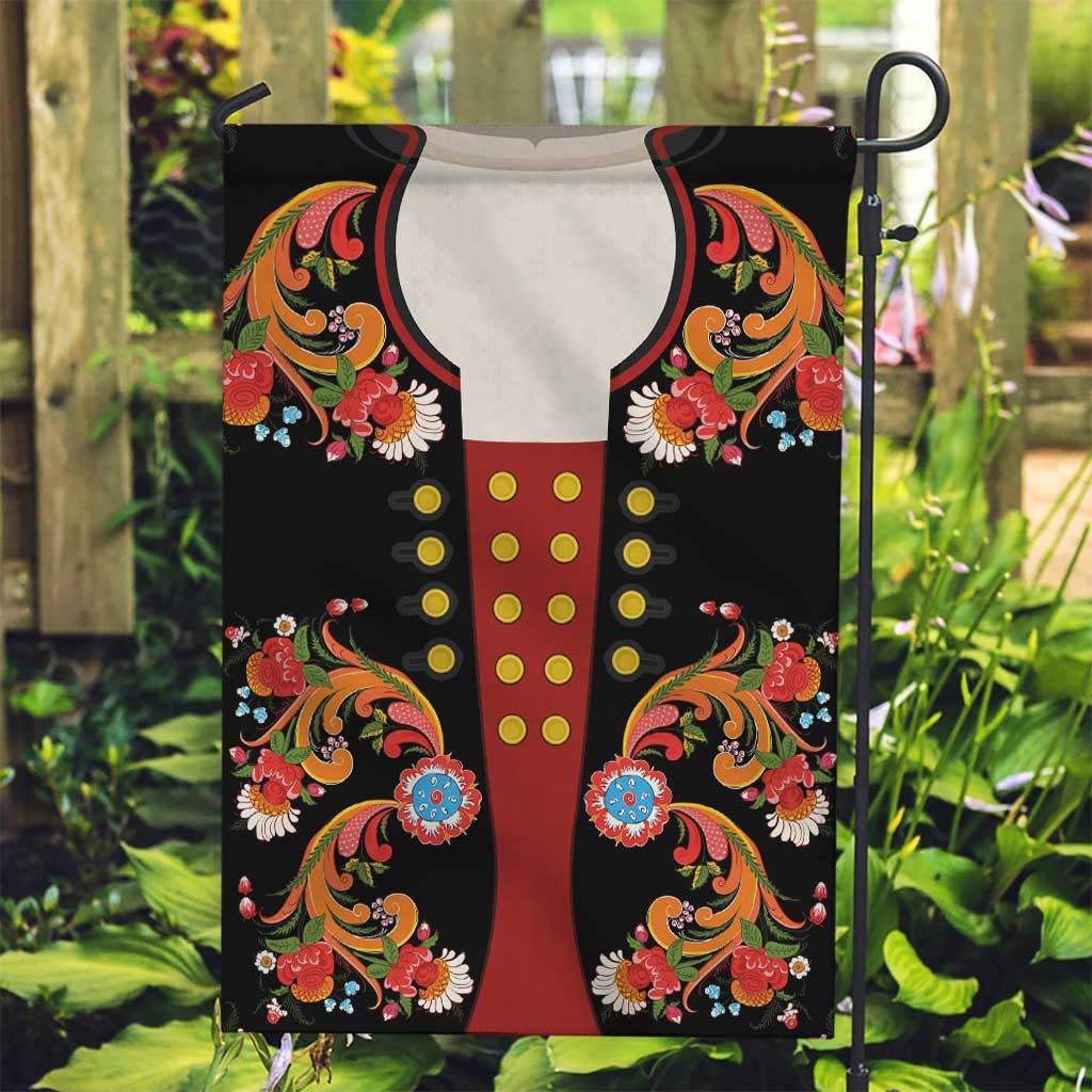 Norwegian Male Bunad Garden Flag with Rosemaling Folk Art Black Color - Wonder Print Shop