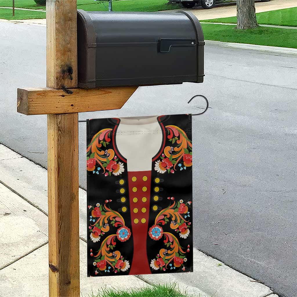 Norwegian Male Bunad Garden Flag with Rosemaling Folk Art Black Color - Wonder Print Shop
