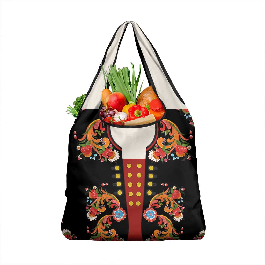Norwegian Male Bunad Grocery Bag with Rosemaling Folk Art Black Color - Wonder Print Shop