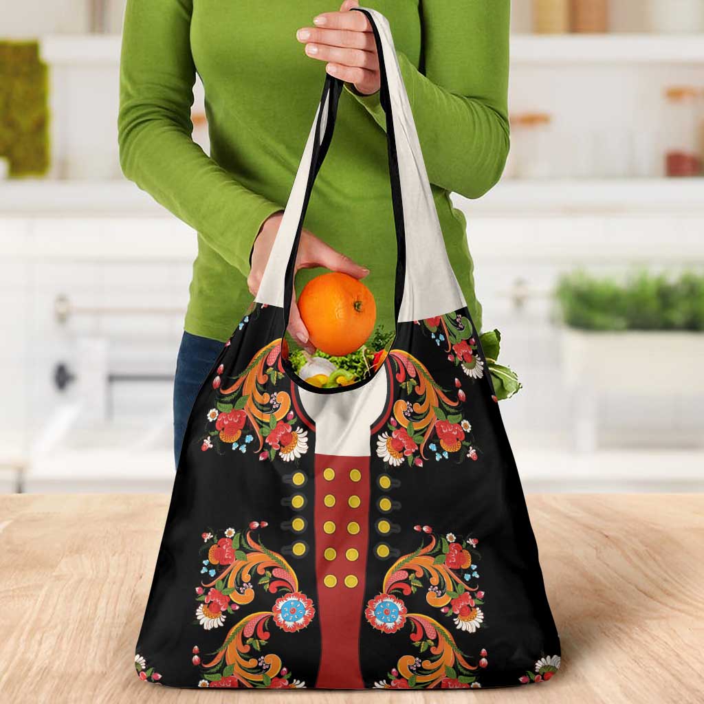 Norwegian Male Bunad Grocery Bag with Rosemaling Folk Art Black Color - Wonder Print Shop