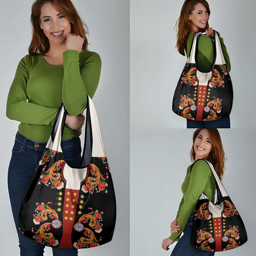 Norwegian Male Bunad Grocery Bag with Rosemaling Folk Art Black Color - Wonder Print Shop