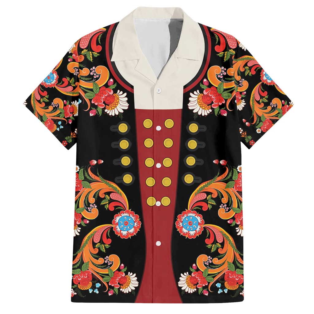 Norwegian Male Bunad Hawaiian Shirt with Rosemaling Folk Art Black Color - Wonder Print Shop