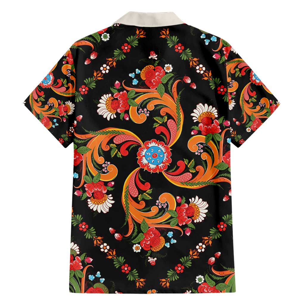 Norwegian Male Bunad Hawaiian Shirt with Rosemaling Folk Art Black Color - Wonder Print Shop