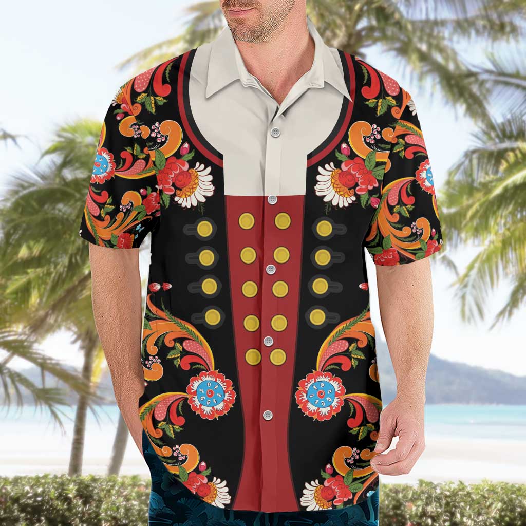 Norwegian Male Bunad Hawaiian Shirt with Rosemaling Folk Art Black Color - Wonder Print Shop