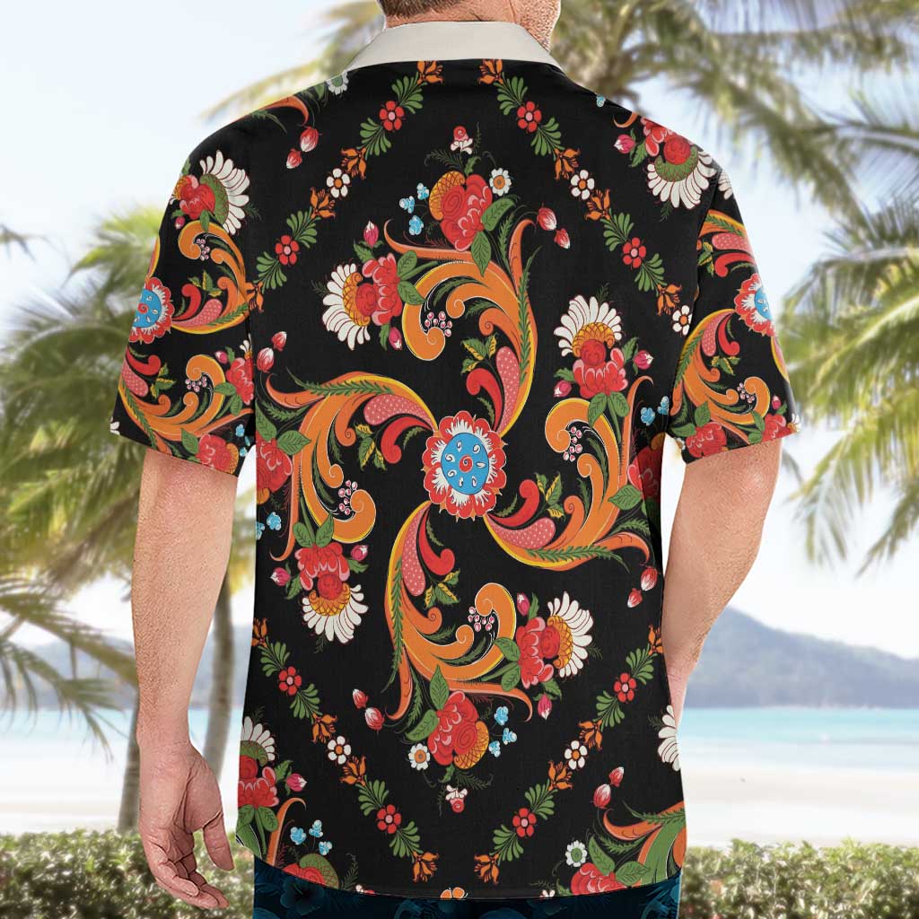 Norwegian Male Bunad Hawaiian Shirt with Rosemaling Folk Art Black Color - Wonder Print Shop