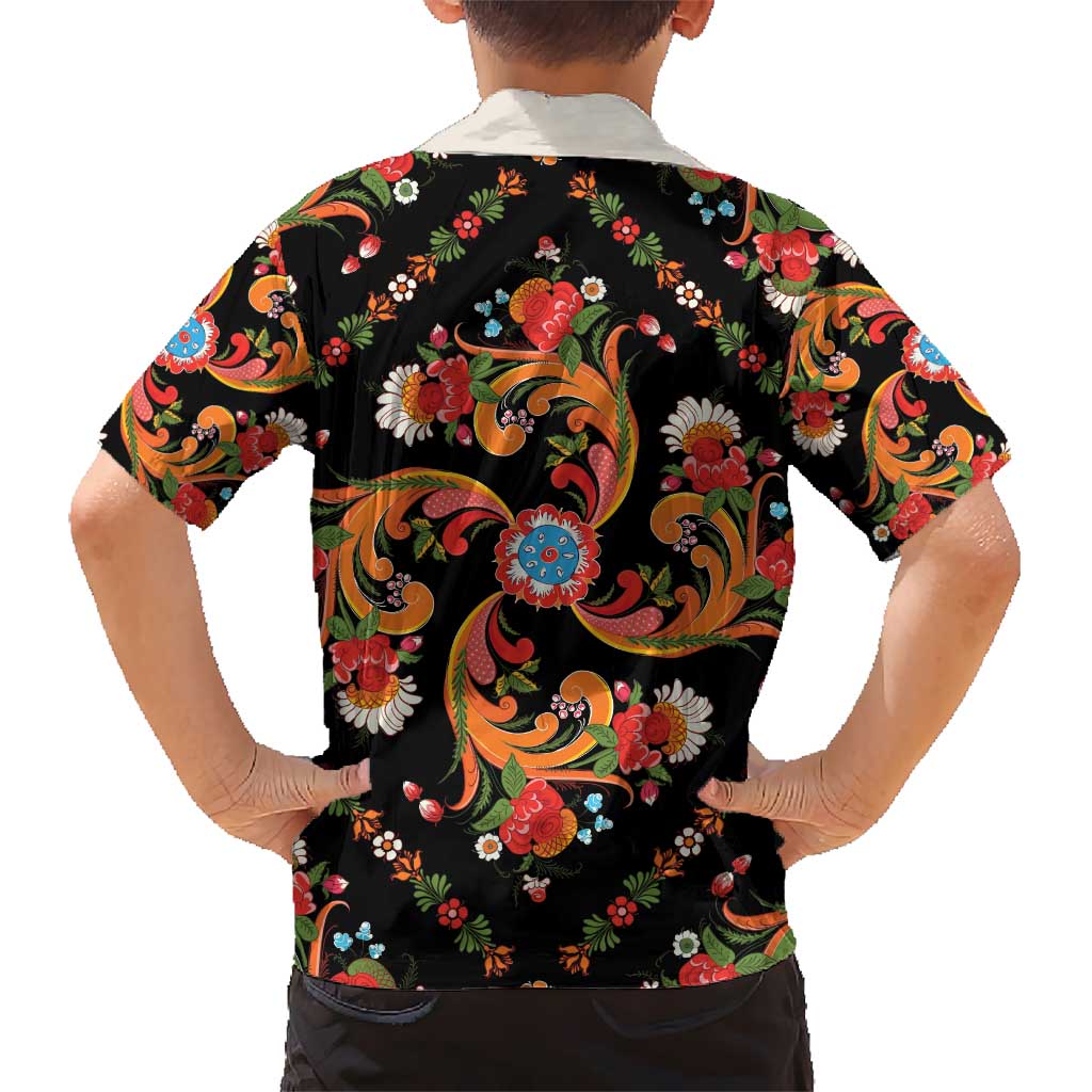 Norwegian Male Bunad Hawaiian Shirt with Rosemaling Folk Art Black Color - Wonder Print Shop