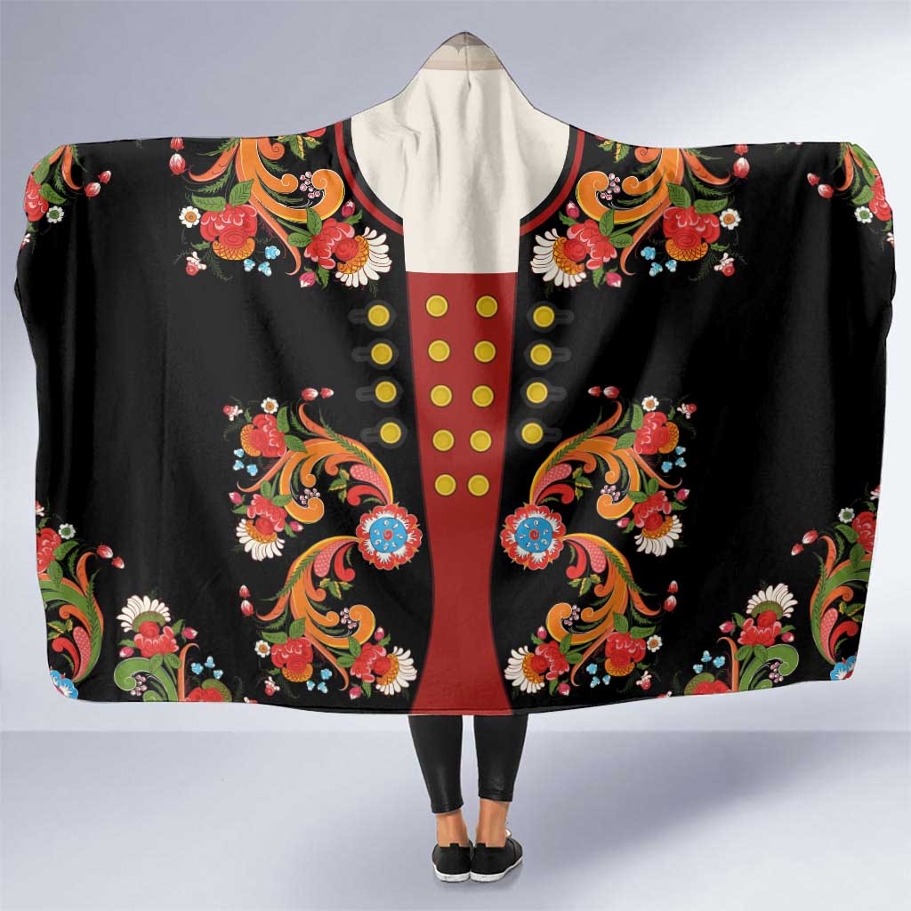 Norwegian Male Bunad Hooded Blanket with Rosemaling Folk Art Black Color - Wonder Print Shop