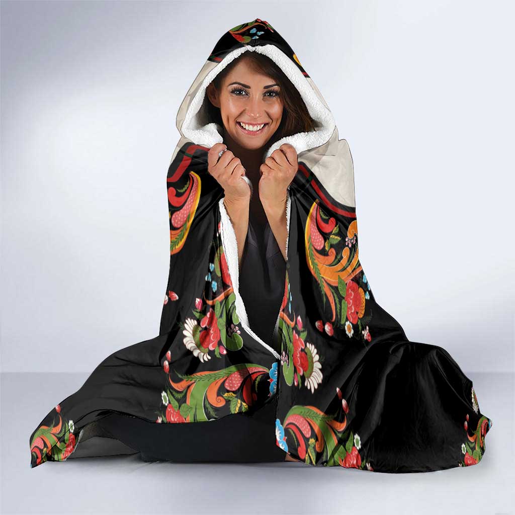 Norwegian Male Bunad Hooded Blanket with Rosemaling Folk Art Black Color - Wonder Print Shop