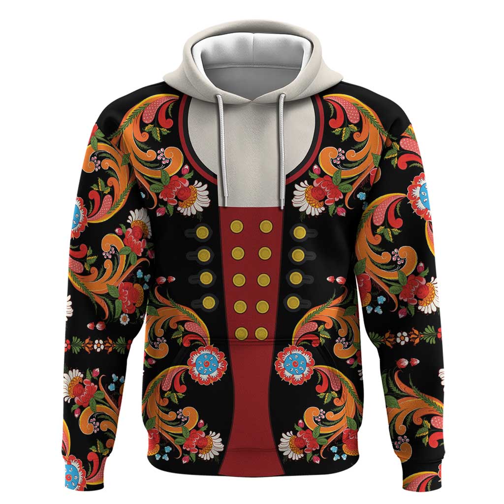 Norwegian Male Bunad Hoodie with Rosemaling Folk Art Black Color - Wonder Print Shop