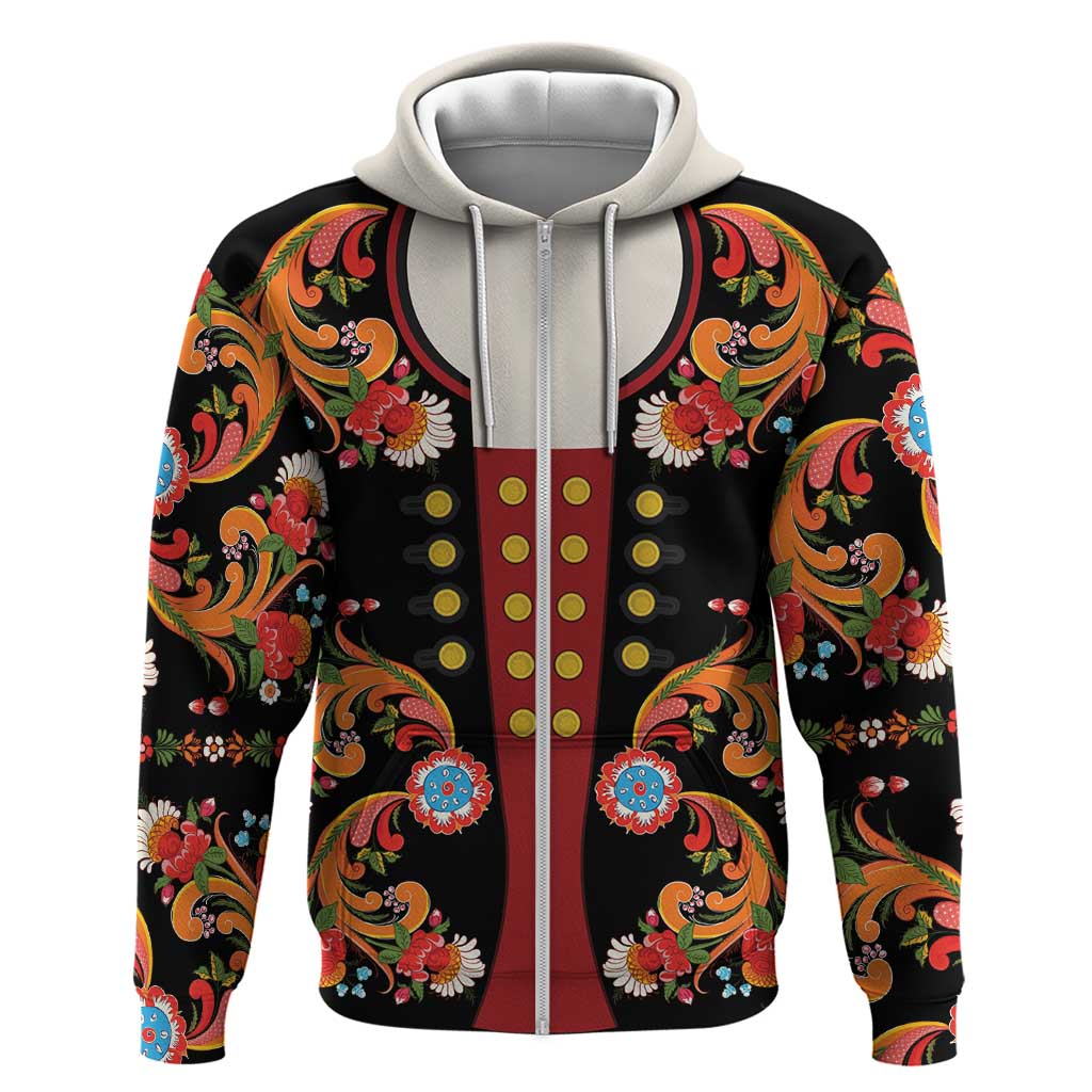 Norwegian Male Bunad Hoodie with Rosemaling Folk Art Black Color - Wonder Print Shop