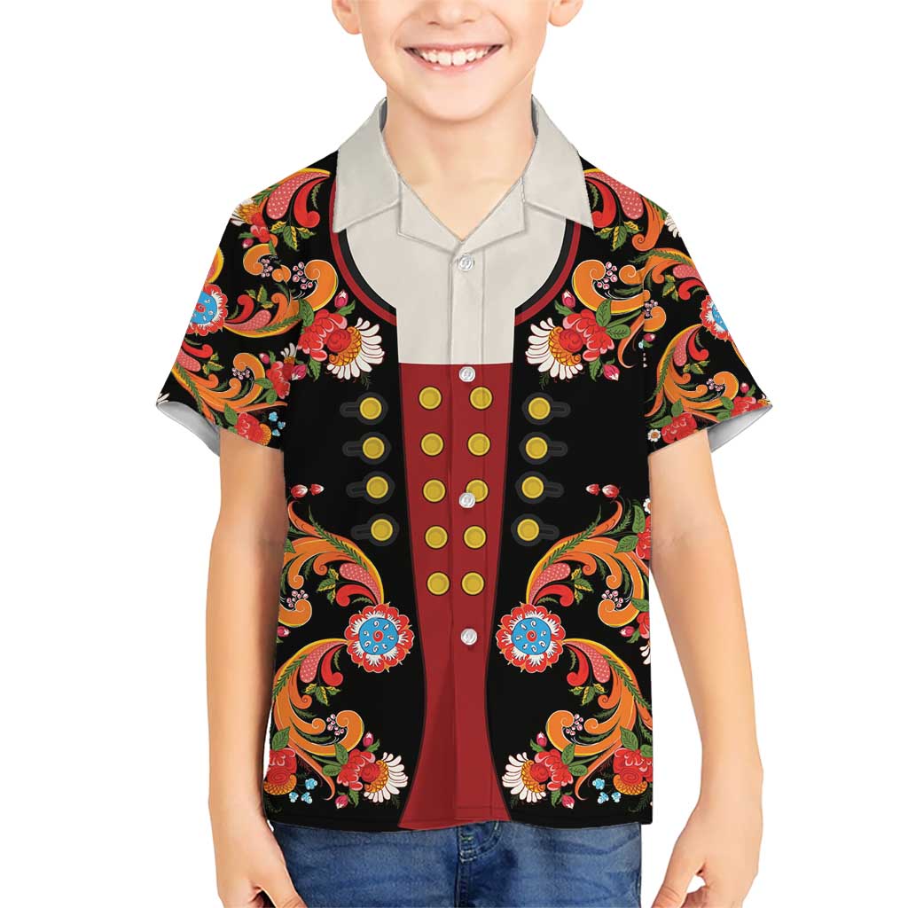 Norwegian Male Bunad Kid Hawaiian Shirt with Rosemaling Folk Art Black Color - Wonder Print Shop