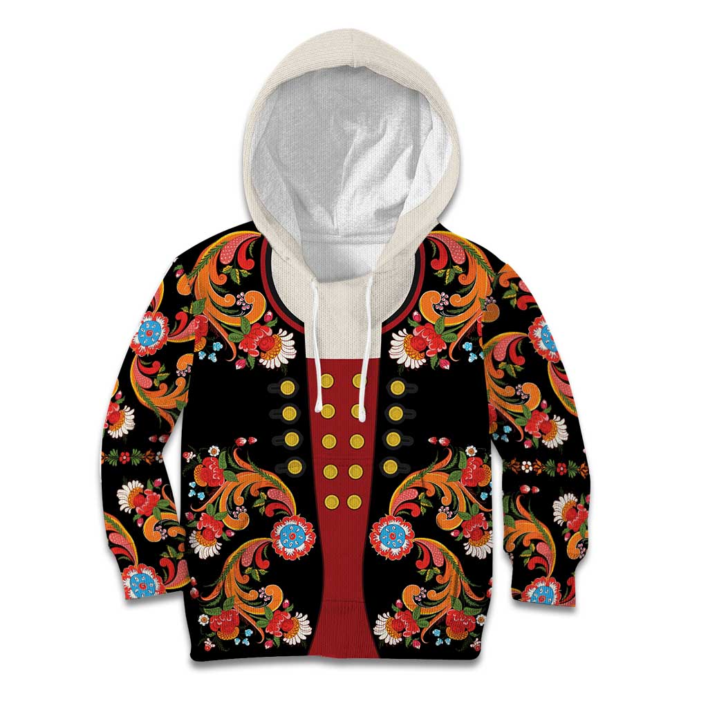 Norwegian Male Bunad Kid Hoodie with Rosemaling Folk Art Black Color - Wonder Print Shop