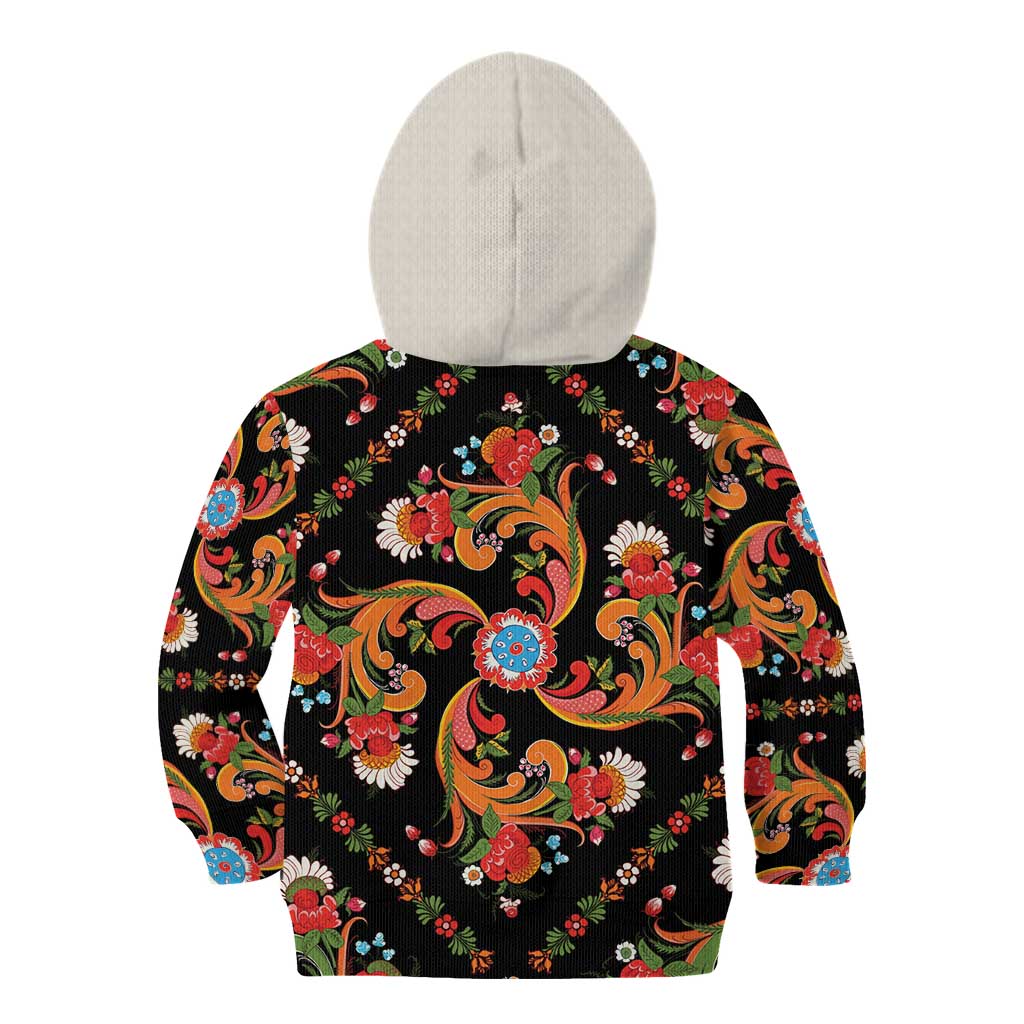 Norwegian Male Bunad Kid Hoodie with Rosemaling Folk Art Black Color - Wonder Print Shop
