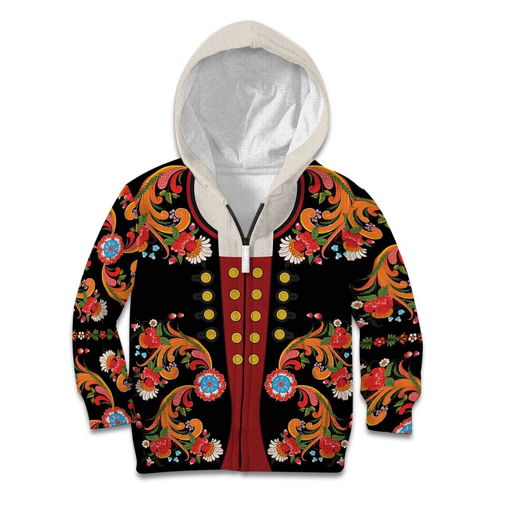 Norwegian Male Bunad Kid Hoodie with Rosemaling Folk Art Black Color - Wonder Print Shop