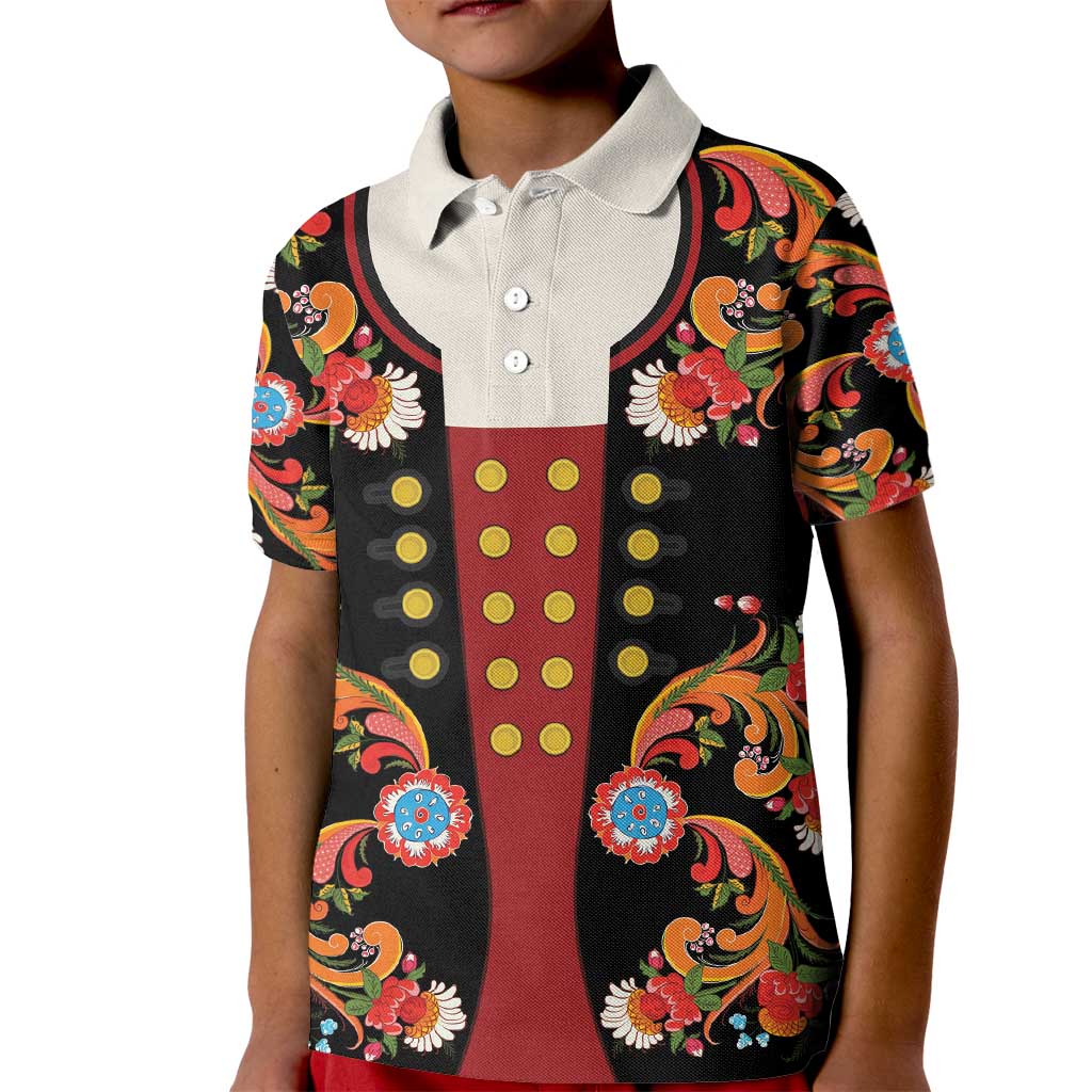 Norwegian Male Bunad Kid Polo Shirt with Rosemaling Folk Art Black Color - Wonder Print Shop